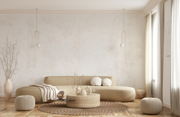 Modern interior design of apartment, living room with beige sofa over the light stucco wall, 3d rendering © Vadim Andrushchenko