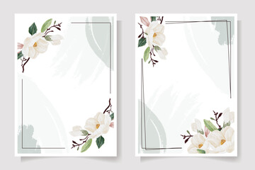 watercolor hand drawn white magnolia flower and green leaf branch bouquet wedding invitation card template collection