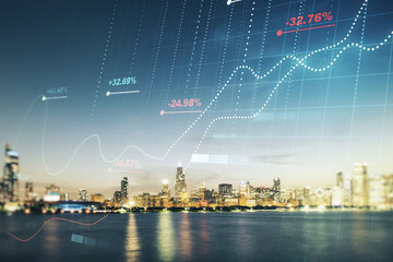 Double exposure of abstract virtual statistics data hologram on Chicago city skyscrapers background, statistics and analytics concept