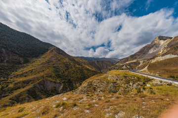 Changeable weather in the Caucasus Mountains. Panoramic view.