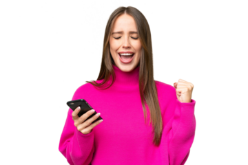 Young beautiful caucasian woman over isolated background using mobile phone and doing victory gesture