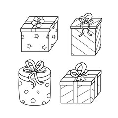 Icons of gifts with bows. Vector doodle elements wrapping paper. A set of gift boxes wrap for the holiday. Isolate on a white background illustration.