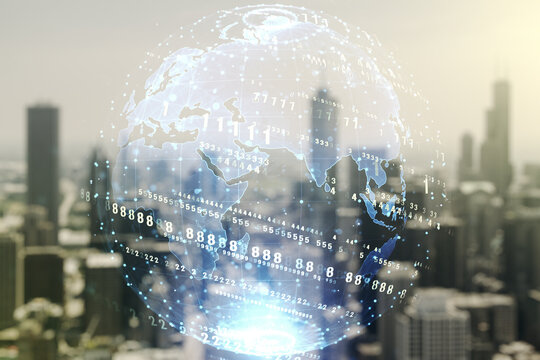 Double exposure of abstract creative programming illustration and world map on blurry office buildings background, big data and blockchain concept