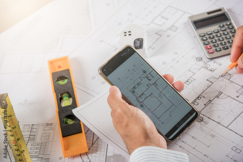 Poster architect workplace. architectural building design and construction plans with blueprints paper proj