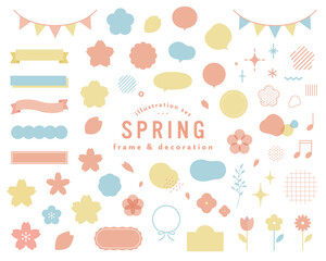 春のフレーム＆飾りイラストのセット　桜　装飾　リボン　枠　かわいい　シンプル　吹き出し　花　素材