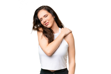 Young caucasian woman isolated over isolated background suffering from pain in shoulder for having made an effort