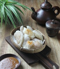 cireng is Indonesian food made from tapioca flour with shredded chicken filling served with peanut sauce