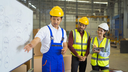 Teamwork group of Asian man worker working in large warehouse retail store industry factory. Rack of stock storage. Cargo in ecommerce and logistic concept. Depot. People lifestyle. Shipment service.
