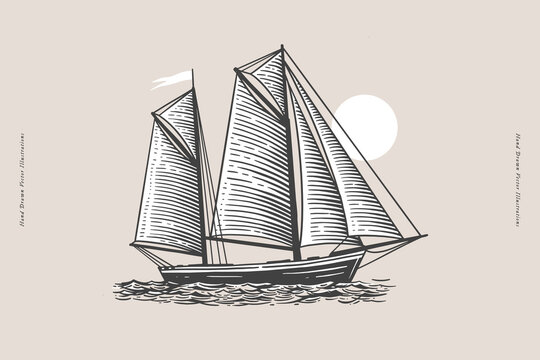 Marine sailboat floating on the water surface. Sea ship in engraving style. Hand drawn vector illustration. Water transport.