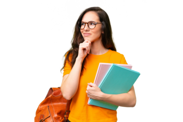 Young student caucasian woman over isolated background having doubts and thinking