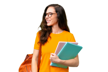 Young student caucasian woman over isolated background looking to the side and smiling