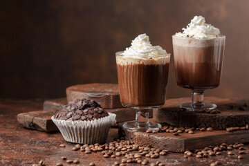 Chocolate muffin and coffee cocktails.