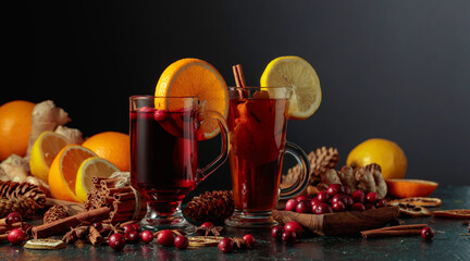 Hot Christmas drinks with ingredients.