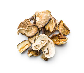 Various sliced dried mushrooms isolated on white background.
