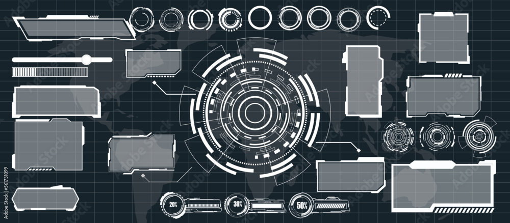 Fototapete digital interface hud elements set pack. user interface, frame screens. callouts titles, fui circle 