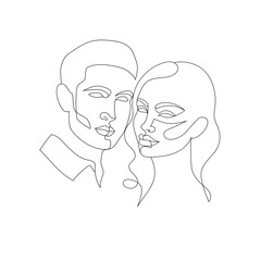 Vector linear drawing of a couple isolated. Male and female face with a black line on a white background. Idea for a couple tattoo. Wedding invitation. Valentine's Day card.