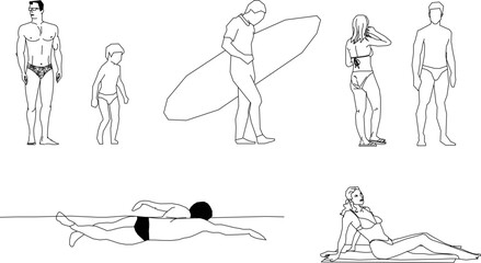collection of vector sketches of illustrations of people on a beach excursion