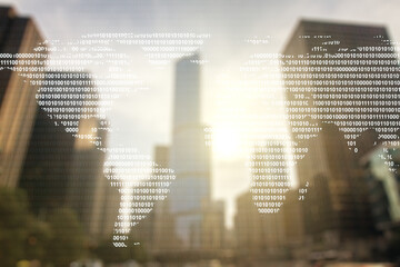 Multi exposure of abstract creative digital world map hologram on modern skyscrapers background, research and analytics concept