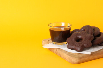 Concept of tasty bakery, gingerbread cookies in chocolate, space for text