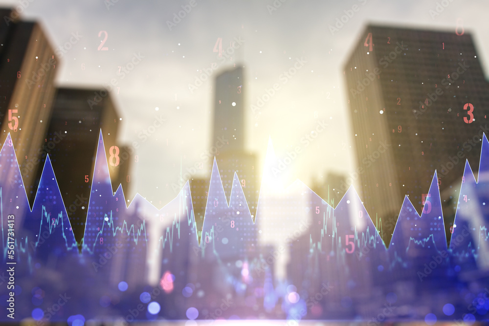 Poster double exposure of abstract creative statistics data hologram on blurry cityscape background, analyt