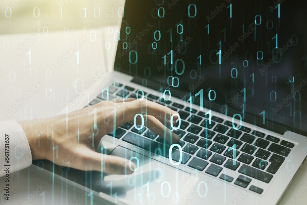 Aufkleber creative abstract binary code hologram and hands typing on computer keyboard on background, ai and m
