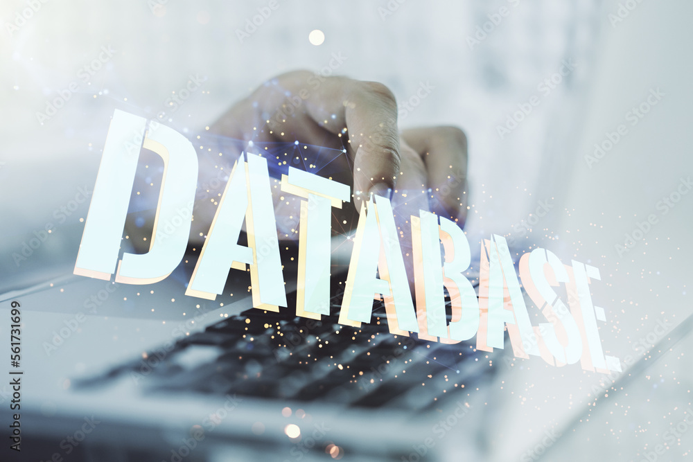 Poster double exposure of creative database word hologram and hands typing on laptop on background, researc