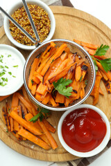 Concept of tasty food, fried sweet potato, top view