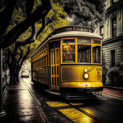 Naklejka premium Yellow tram in city. Generative AI. 