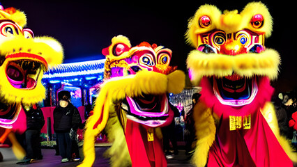 Fototapeta na wymiar Lion Dance in Chinese New Year Celebration
