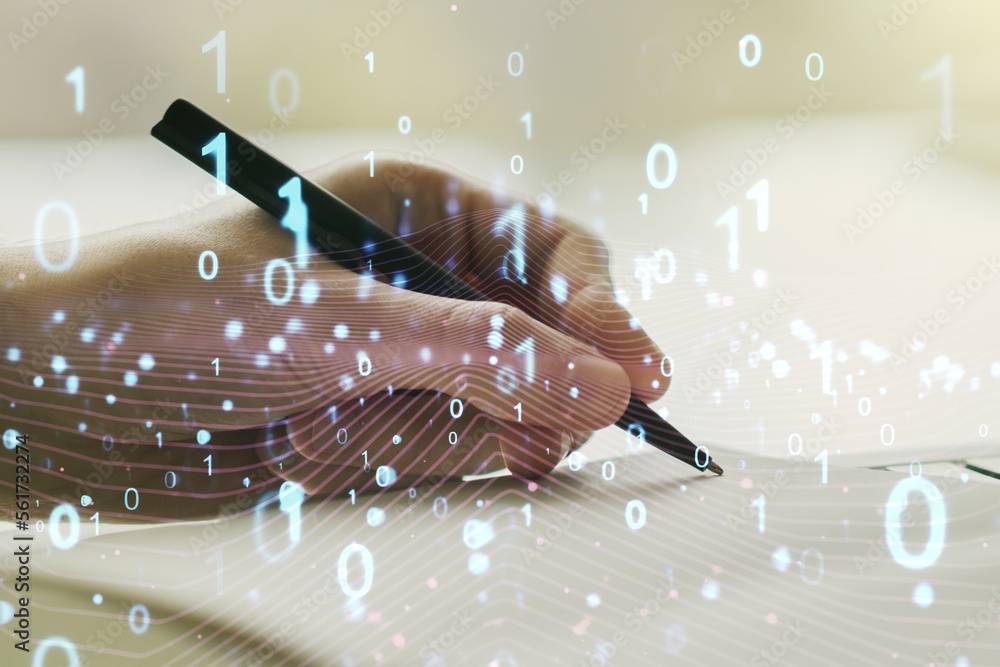Leinwandbilder creative abstract binary code hologram and man hand writing in diary on background, ai and machine l
