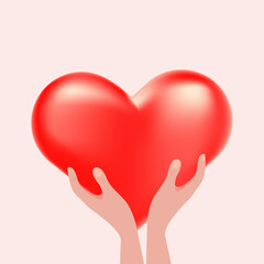 Two hands holding a red 3-d heart.The concept of love, support, congratulations.Vector illustration.