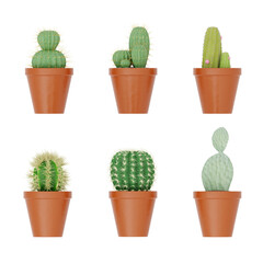 SET OF cactus in a orange pot isolated on white, 3d rendering of cactus PNG transparent, architecture visualization, gardening design archiviz