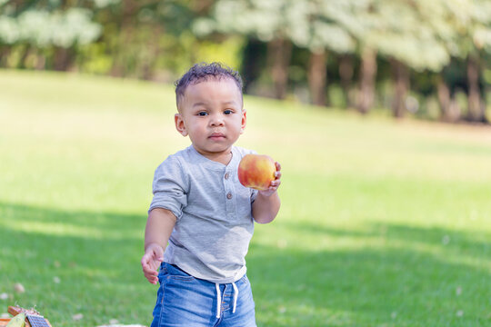 Little child boy with apple fruit in the park, Adorable toddler holding red apple looking to the camera