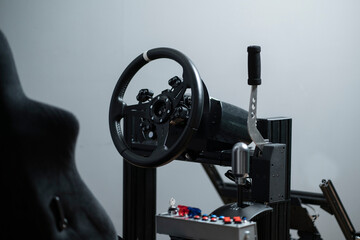 sim racing cockpit, auto simulator seat, playing video games - obrazy, fototapety, plakaty