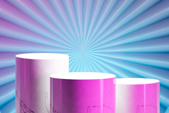 Triple marble wide, pink lit, cylinder shaped product presentation stages. Futuristic neon lit blue and pink turbine shaped backdrop. Digitally generated marketing template.