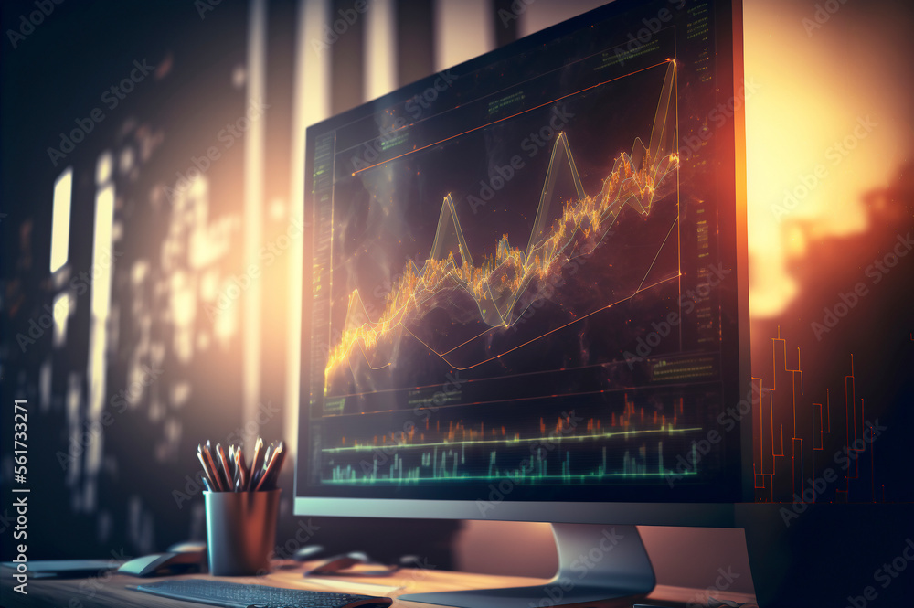 Poster world business investment concept with digital screen with financial rising candlestick and map sche