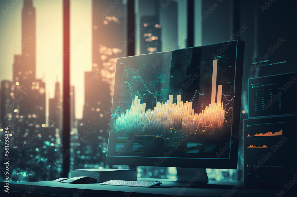 Poster world business investment concept with digital screen with financial rising candlestick and map sche