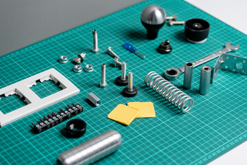 new car spare parts, automobile details flat lay