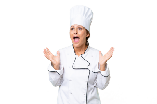 Middle-aged chef woman over isolated background with surprise facial expression