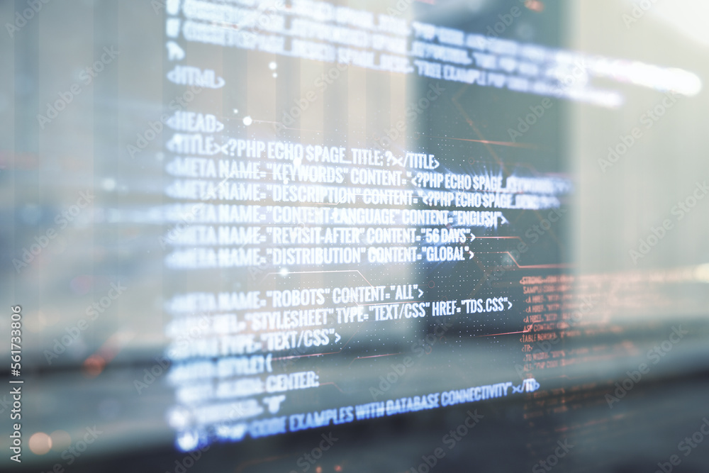 Poster multi exposure of abstract creative coding sketch on blurry modern office building background, artif
