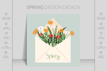 Hello spring, flowers, leaves, text, lettering slogan. Vector illustration for greeting card, invitation template, poster, banner. Hand drawn lettering happy spring for card, banner, poster. 