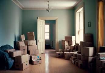 Carton boxes with stuff in room. Moving house concept. Created with Generative AI technology.