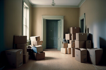 Cardboard boxes and household stuff indoors, space for text. Moving day. Created with Generative AI technology.