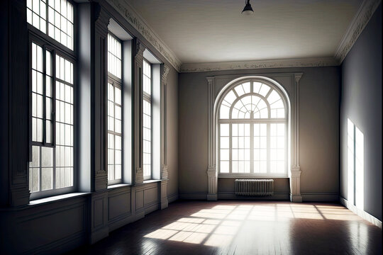 Classic Interior Moldings Decorate Slopes Of Windows From Which Lot Of Daylight Enters Empty Office Room