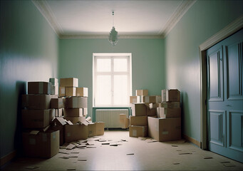 Cardboard boxes and household stuff indoors, space for text. Moving day. Created with Generative AI technology.