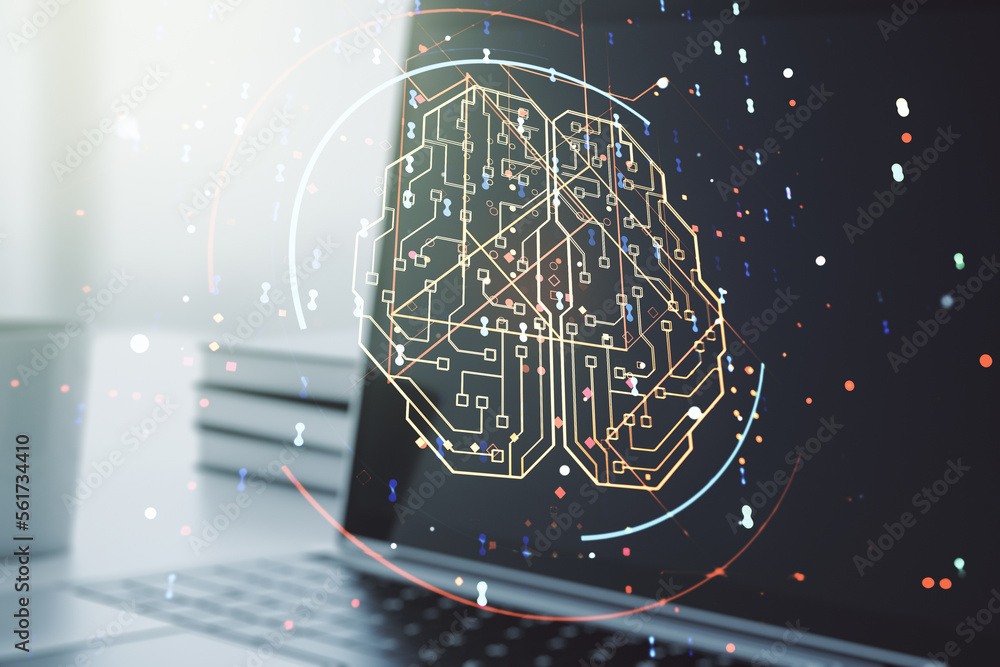Poster double exposure of creative artificial intelligence symbol with modern laptop on background. neural 
