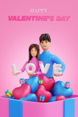 Happy valentine's day greeting card banner, love couple man and woman with heart shape gift box balloon, 3D rendering.