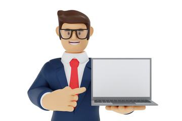 Businessman show and pointing blank laptop screen, promote application website, online business market, 3D rendering cartoon character.