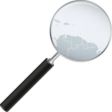 Grenada map with flag in magnifying glass.