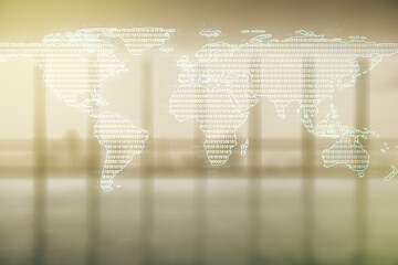 Multi exposure of abstract creative digital world map hologram on empty corporate office background, tourism and traveling concept